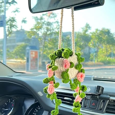 2 Pcs Crochet Strawberry Car Hanging Ornaments Car Rearview Mirror Decoration Car Mirror Hanging Accessories Fruit Pendant Gift Handmade Red