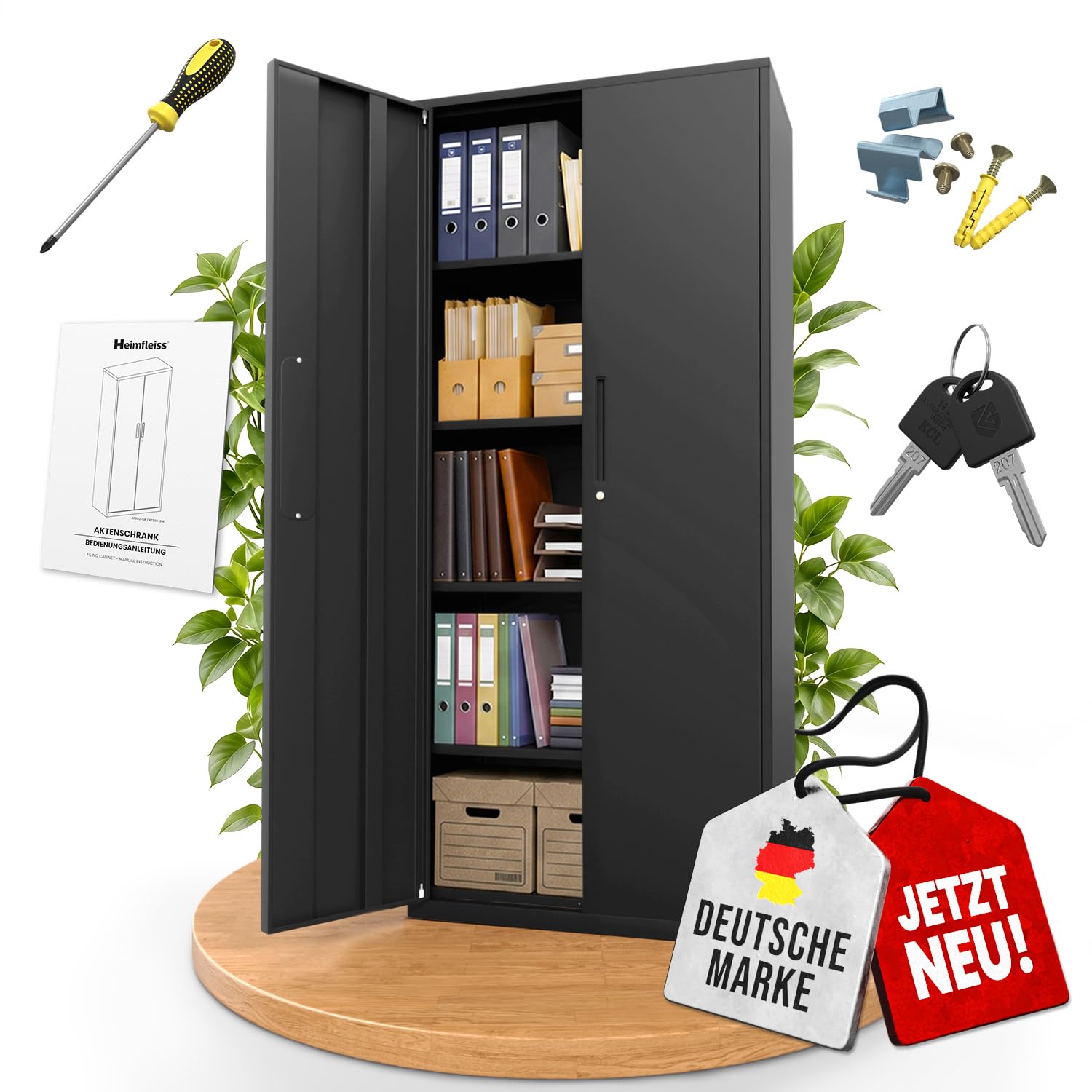 Heimfleiss® Aktenschrank abschließbar 180x80x40cm | Büro Metallschrank | Mehrzweckschrank nutzbar als Büroschrank, Werkzeugschrank & Aufbewahrungsschrank | Stahlschrank mit Sicherheitsschloss