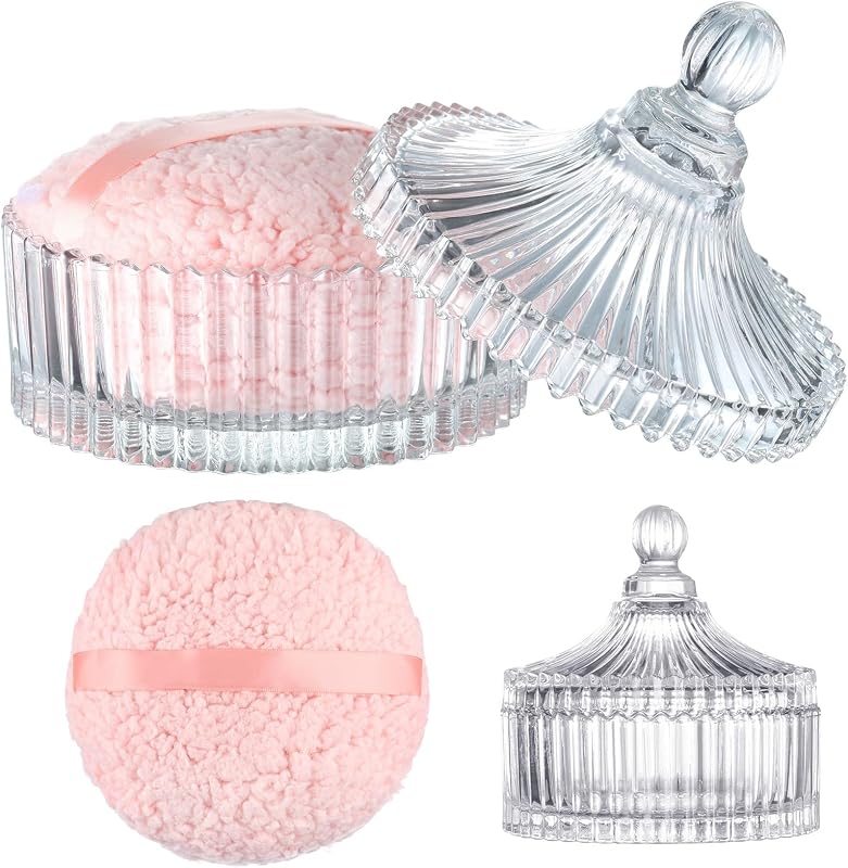 2 Pcs Extra Large Body Powder Puff and Container, 6 in Dusting Powder Puff | Oversize Soft Velour Puff, Crystal Case for Dressing Bathroom Decor, Reusable Wet Dry Makeup