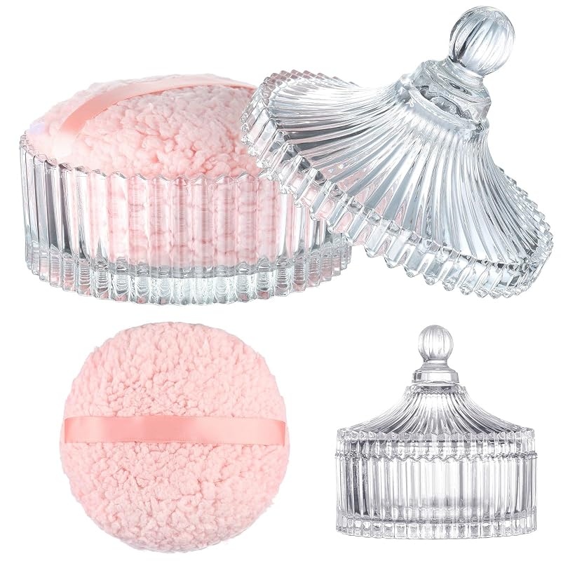 HONSIO Conjunto com 2 recipientes de vidro para pó com puff extragrande de 15,24 cm, rosa