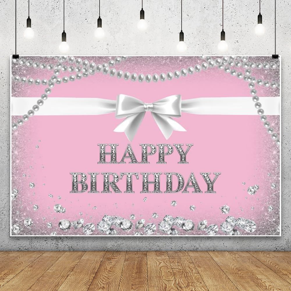 Leowefowa Różowe tło "Happy Birthday" do fotografii 2,4 x 2 m, winylowa, srebrna, kokarda, naszyjnik, diamenty, tło fotograficzne, przyjęcie urodzinowe, dla dziewczyny, księżniczki, baner, rekwizyty