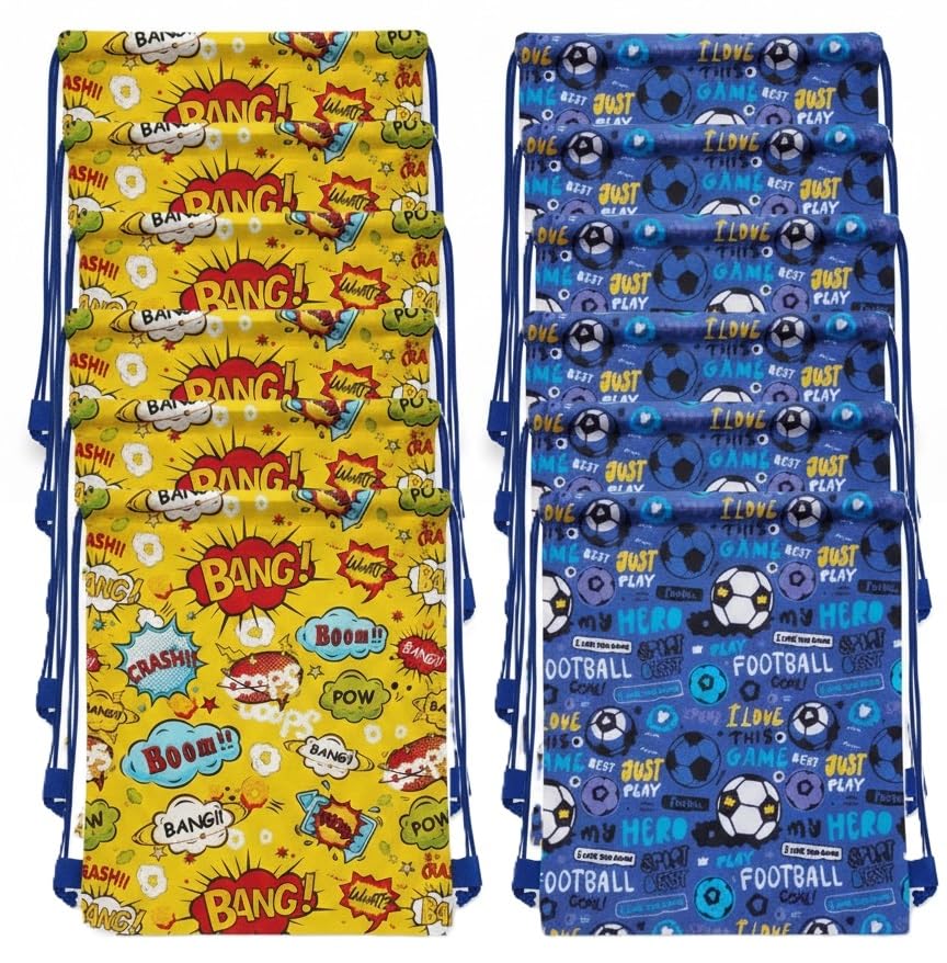 Demoda Star and Football Themed Drawstring Return Gift Bag Set of 12 for Kids Birthday Party- Adorable Dori Sack Bags for Boys Girls-image-4