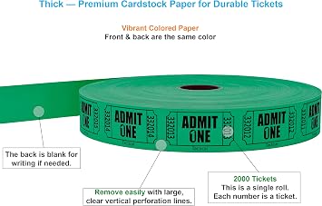 Tacticai 2000 Raffle Tickets, Admit One, Green (1 of 8 Colors), Single Roll, Ticket for Events, Entry, Class Reward, Fundraiser & Prizes
