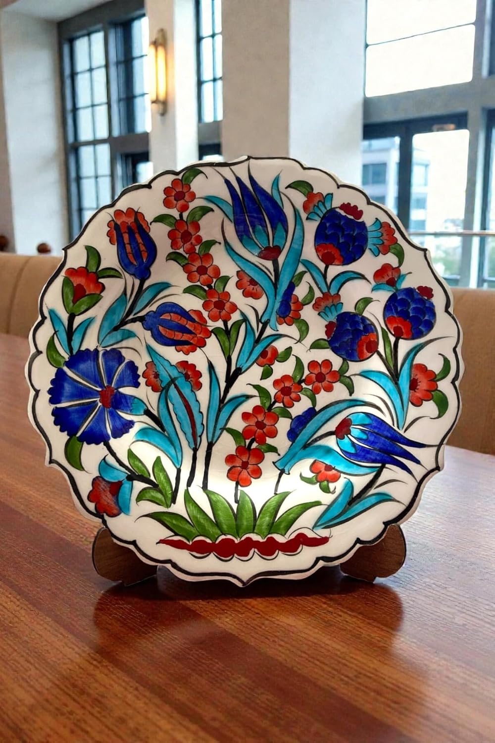 SODEF Decorative Plate Handmade 9.8 in Ceramic Tile with Velvet Box, Special Samur Craftsmanship, Blue Turquoise Orange Floral Design, Home Decor - Blue, One Size