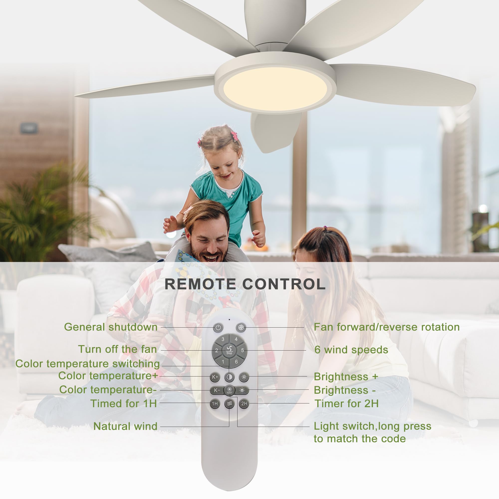 Qcyuui Deckenventilator mit Beleuchtung 106cm Weiß LED Deckenleuchte, Deckenventilator mit Fernbedienung für Wohnzimmer Schlafzimmer Küche