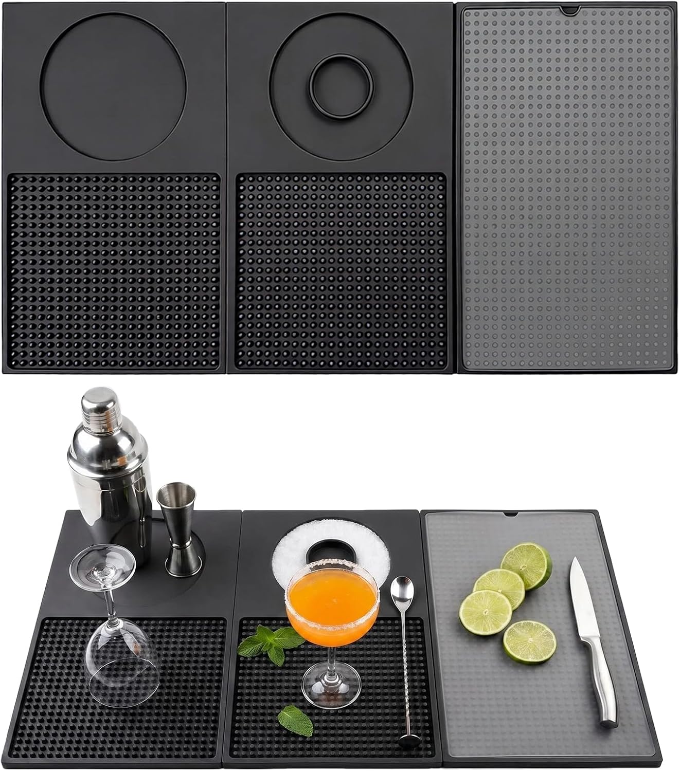 Bar Mat for Countertop, Foldable Multifunctional Silicone Bar Mat with Cutting Board & Rimmer, Non-Slip Bar Mat for Bartending, Home Bar Accessories, Coffee Bar & Outdoor, Travel, RV, Patio