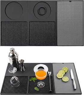 Bar Mat for Countertop, Foldable Multifunctional Silicone Bar Mat with Cutting Board & Rimmer, Non-Slip Bar Mat for Bartending, Home Bar Accessories, Coffee Bar & Outdoor, Travel, RV, Patio