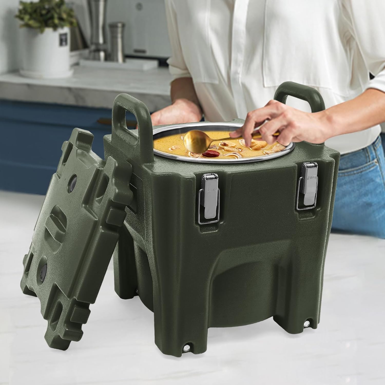 21.13Qt Insulated Food Carrier, Large Insulated Barrel Cooler, Portable Commercial Food Warmer, Stainless Steel Barrel, insulated Soup Container for Restaurant Canteen Home Party (Green)