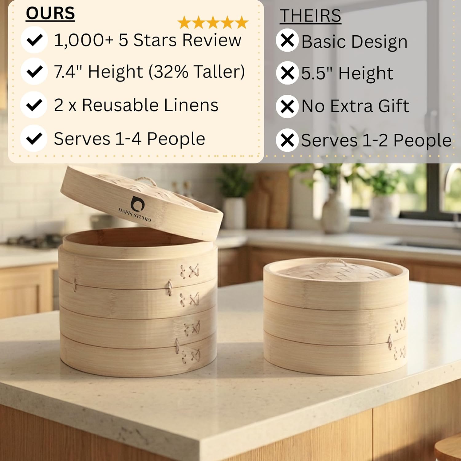 Bamboo Steamer Basket Set - 10 Inch Large Dumpling 2 Tier for Pots - Asian Cooking Dim Sum Bao Buns Momo Rice - Natural Chinese Steam Baskets Kit with Stainless Steel Ring (10-inch Extra Deep Bamboo Steamer w/ Ring)