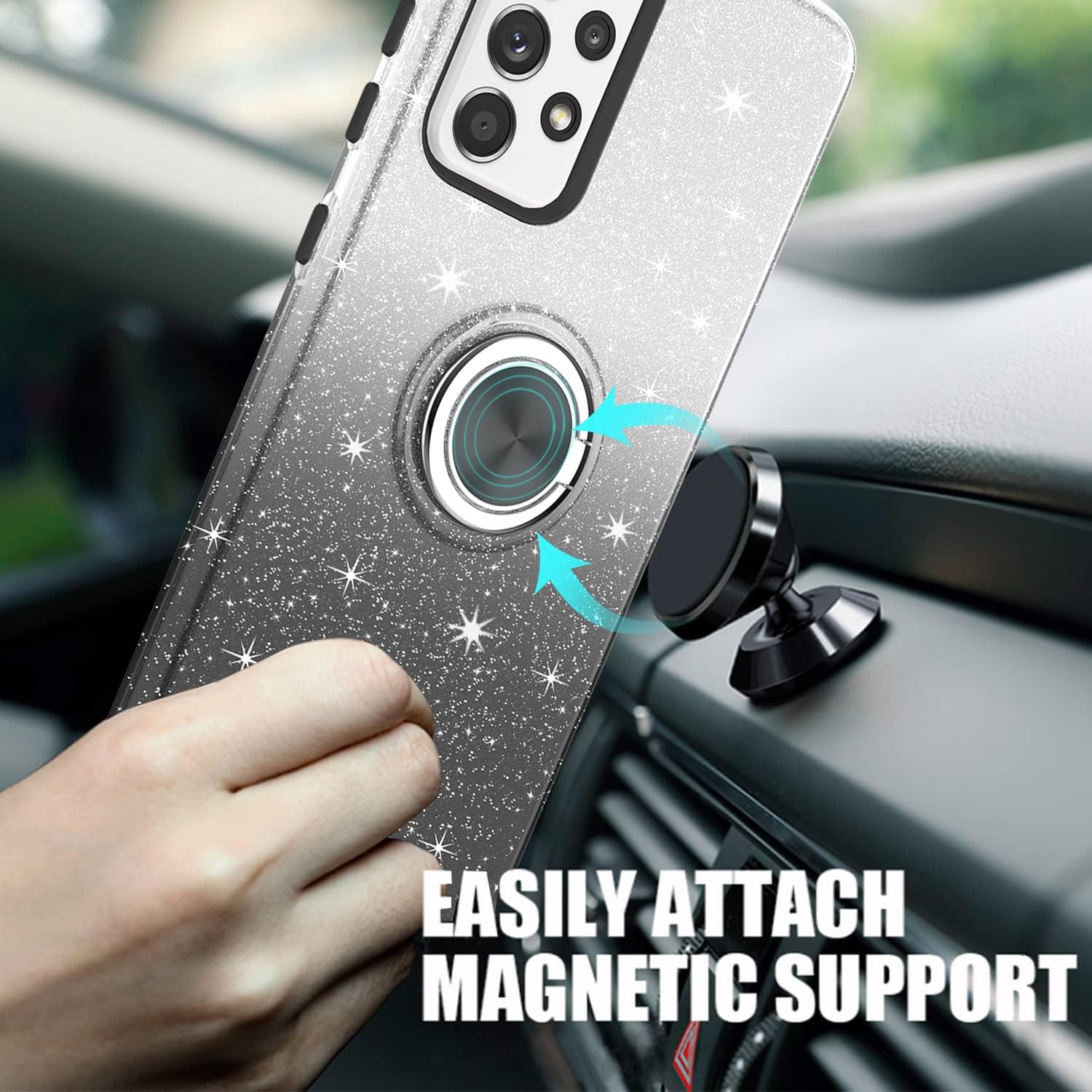 TJS Compatible with Samsung Galaxy A53 5G Case, with Tempered Glass Screen Protector, Metal Ring Magnetic Support Kickstand Tone Shinny Glitter Girls Women Protector Phone Case (Black)