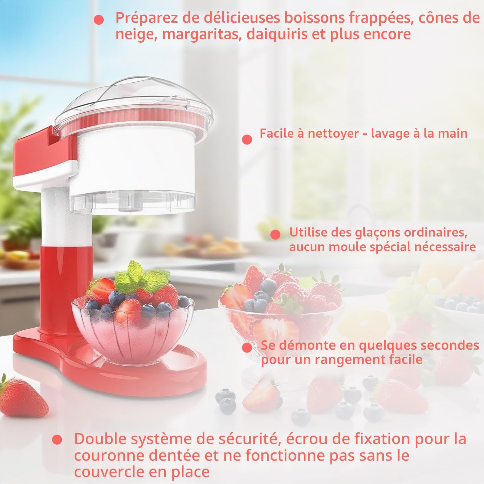 Broyeur à glace électrique, machine à granit avec lames en acier inoxydable amovibles et lavables, broyeur à glace électrique pour glace, granite, boules de neige et cocktail