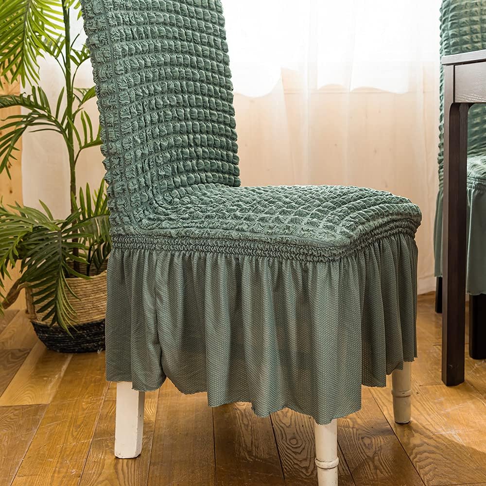 XMNTG Dining Room Chair Covers with Skirt Stretch Green High Back Chair Cover Ruffle Elegant Seersucker Chair Cover Washable Furniture Protector for Dining Room Ceremony Party Set of 2 (Green, 2pc)