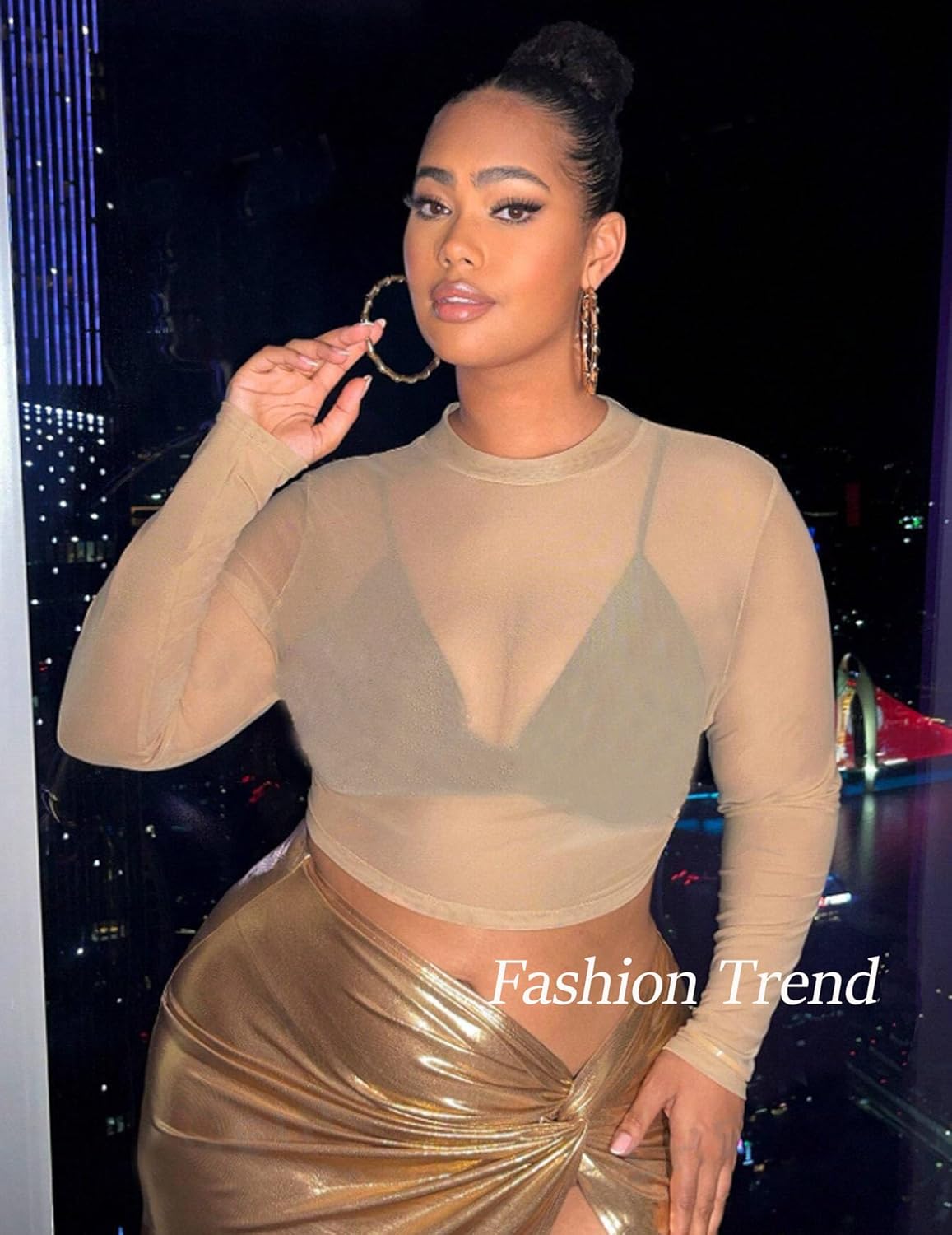 Avidlove Mesh Top Mesh Crop Top for Women Y2K Long Sleeve Mock Neck Top S-XXL - Image 2