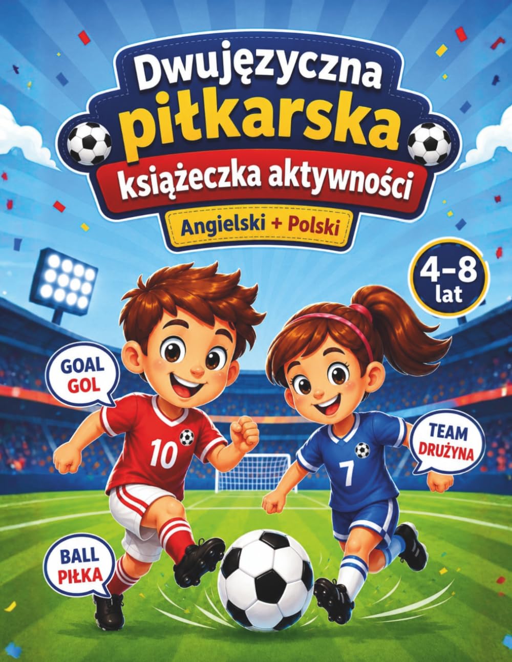 Dwujęzyczna piłkarska książka aktywności dla dzieci 4–8 lat Angielski + Polski: Kolorowanki, słówka, labirynty i piłkarskie zabawy