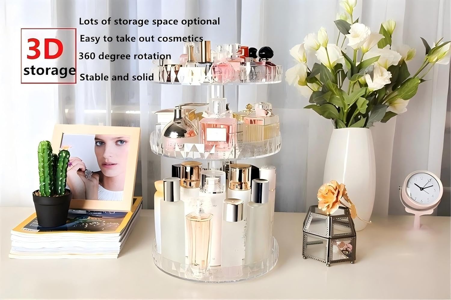 Diamond Pattern Three Layers Perfume Organizer, 360 Rotating Diamond Cosmetic Storage Box Transparent Acrylic Swivel Shelf Desktop Skin Care Product Dresser Finishing Valentines Day Gifts