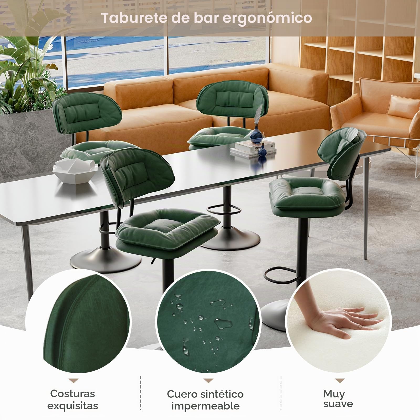 Hawthyhome Juego de 2 taburetes de Bar, taburetes ergonómicos Acolchados con Respaldo, taburetes de Bar Ajustables de Doble Capa, para Comedor, Bar en casa o Isla de Cocina,Color Verde Militar