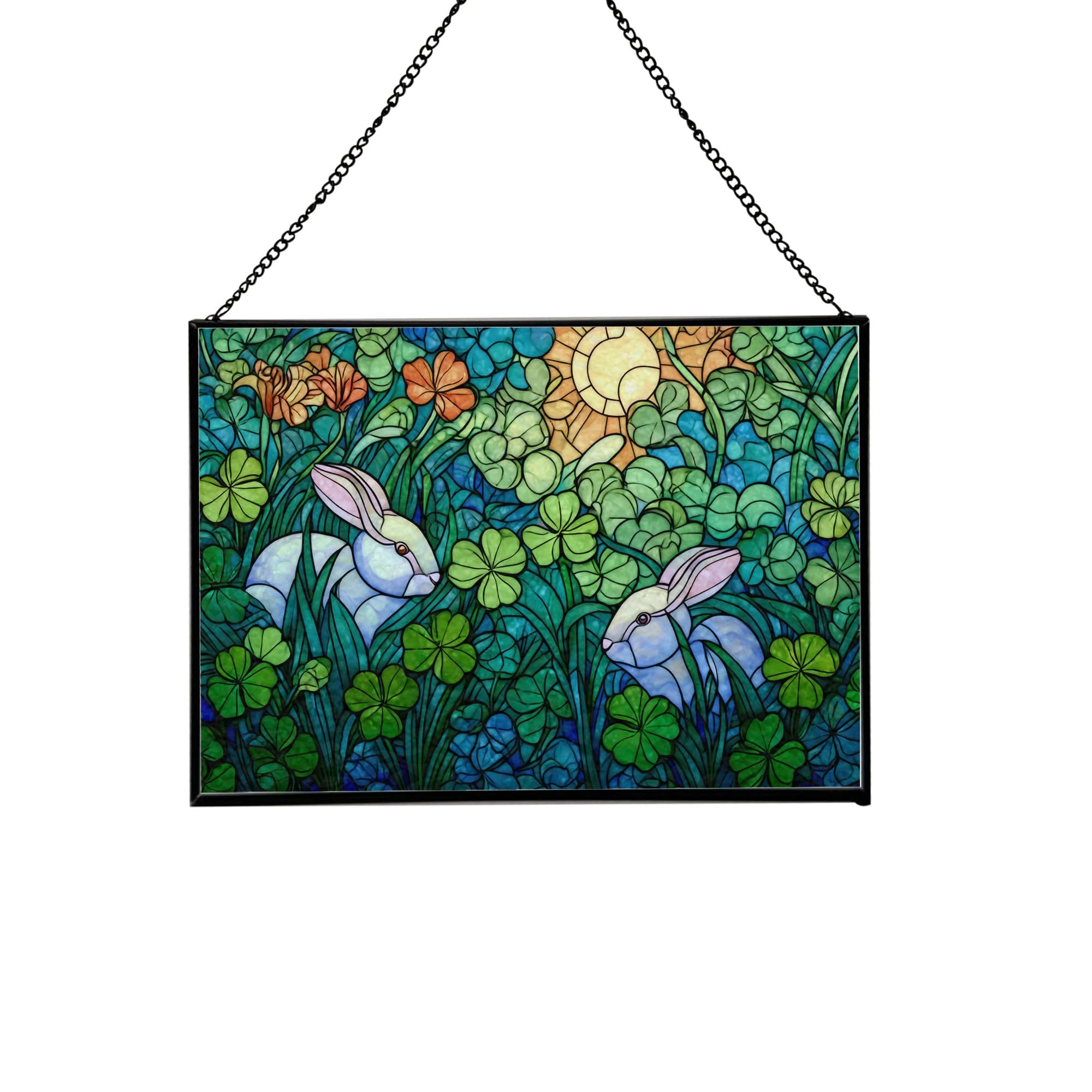 Rabbits Hiding Beneath Clover Field Rectangular Stained Glass Suncatcher – Hanging Window Panel with Animal & Nature Scene – Vibrant Glass Art Gift for Wildlife, Fantasy, Nature Lovers 11htaV