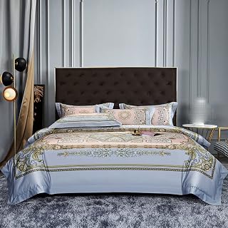 Long Staple Cotton Palace Style Digital Printing Four-piece Set Four Seasons Cotton Skin Friendly Bed Kit (Color : Argento, Size : 220 * 240cm) (Argento 200 * 230cm)
