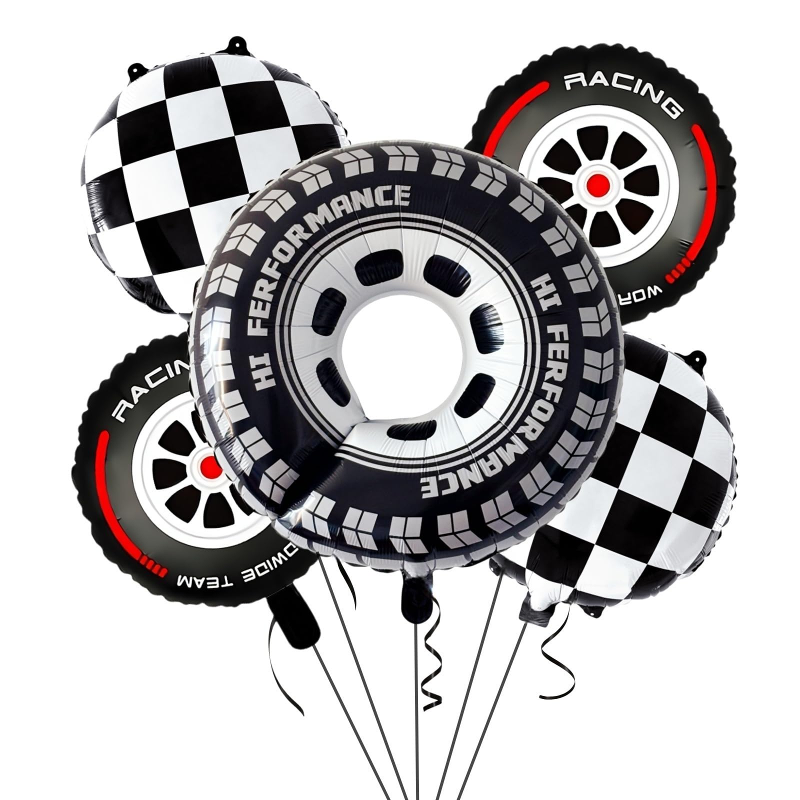 Kwuz Race Car Balloons Wheels Checkered Balloons Set - 30 Inch Big Foil Mylar Tire Balloon for Boys Drivers Driving Racing Car Theme Birthday Party