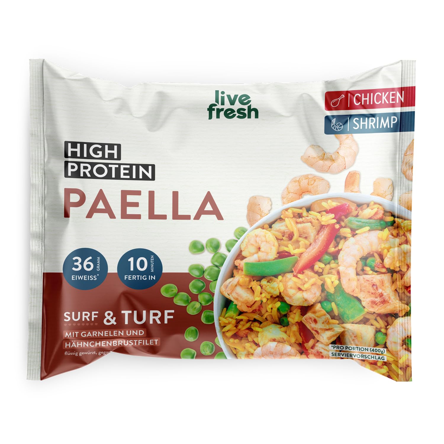 LiveFresh High Protein Paella 7 x 400 g Diet Ready Meals with Chicken Low Carb Paella with 24 g Protein and Only 360 kcal per Serving Quick Preparation Gentle Shock Frosted