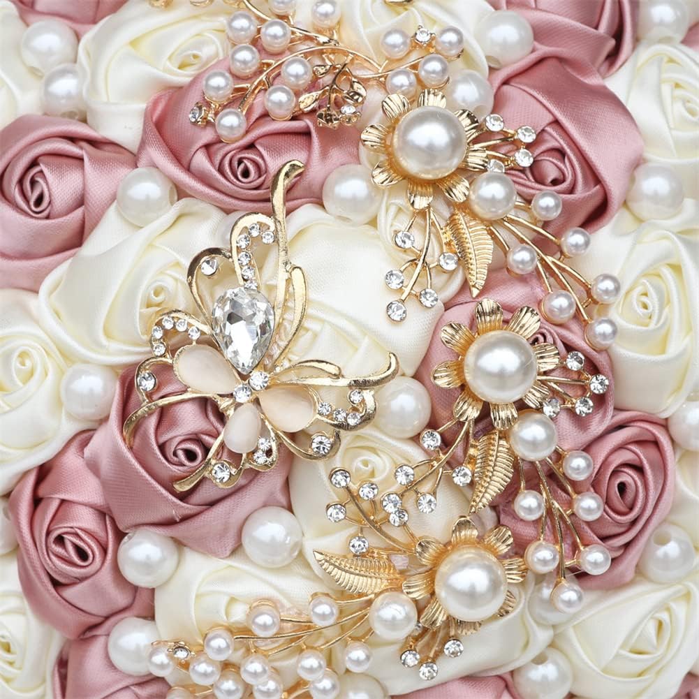 Sharebeauty 7.1 Inch Handmade Satin Rose Bridal Bouquet Toss Round Wedding Bouquet Throw Toss Artificial Flower Bunch Pastel Pink + Ivory