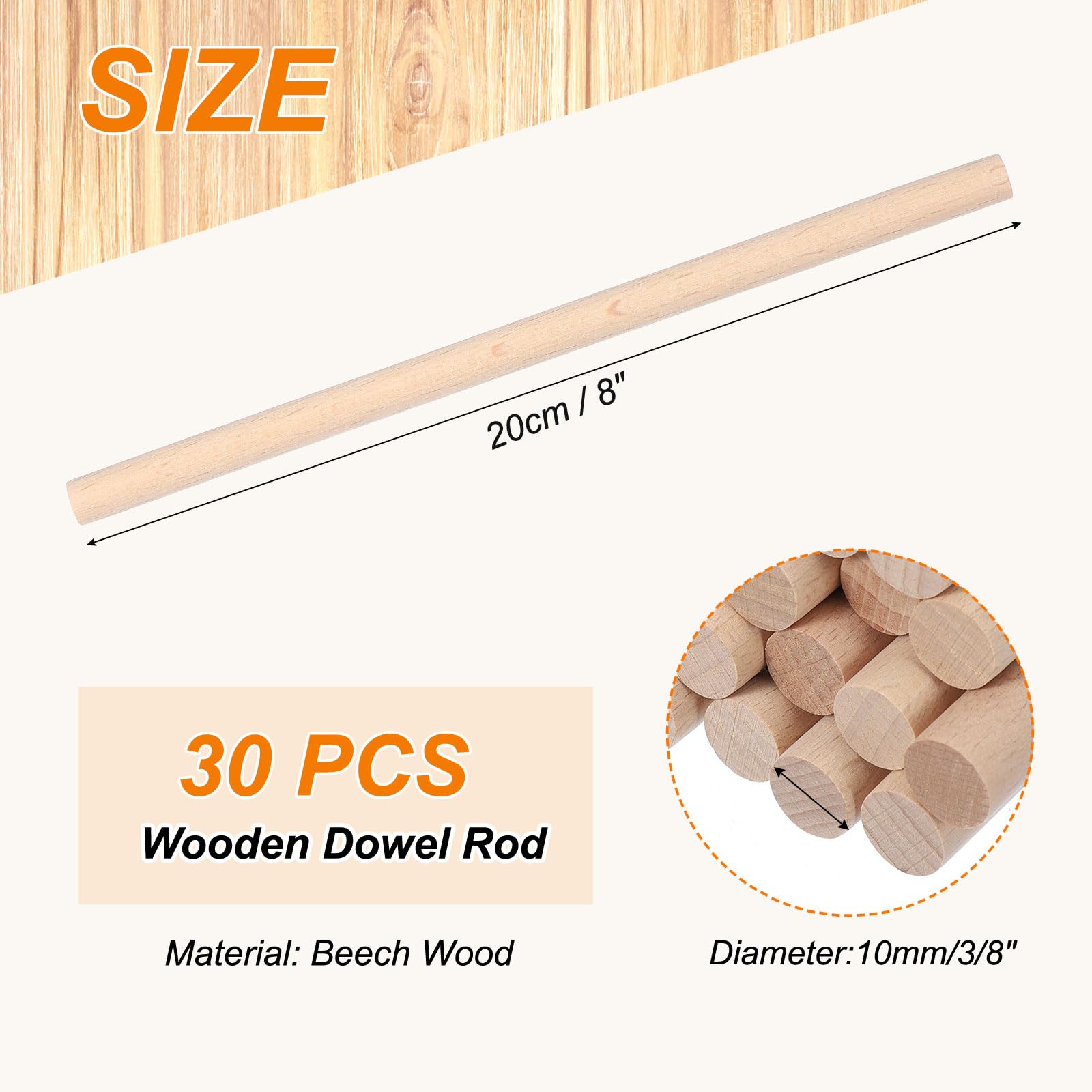 PATIKIL 3/8 x 8 Inch Wooden Dowel Rod - Image 2