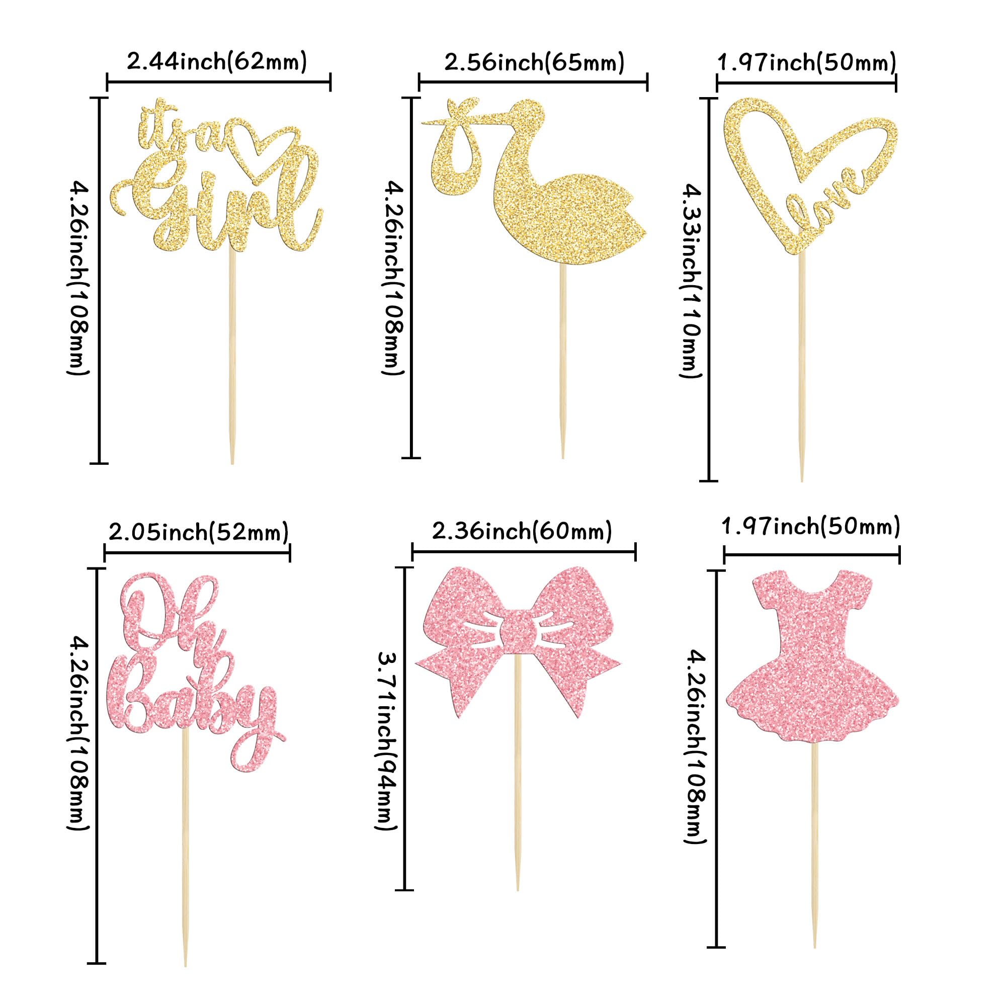 Gyufise 36 Pack Oh Baby Cupcake Toppers It's a Girl Cupcake Toppers with Bow Dress Love Heart Glitter Cake Picks Decorations for Baby Shower Girl Birthday Party Supplies