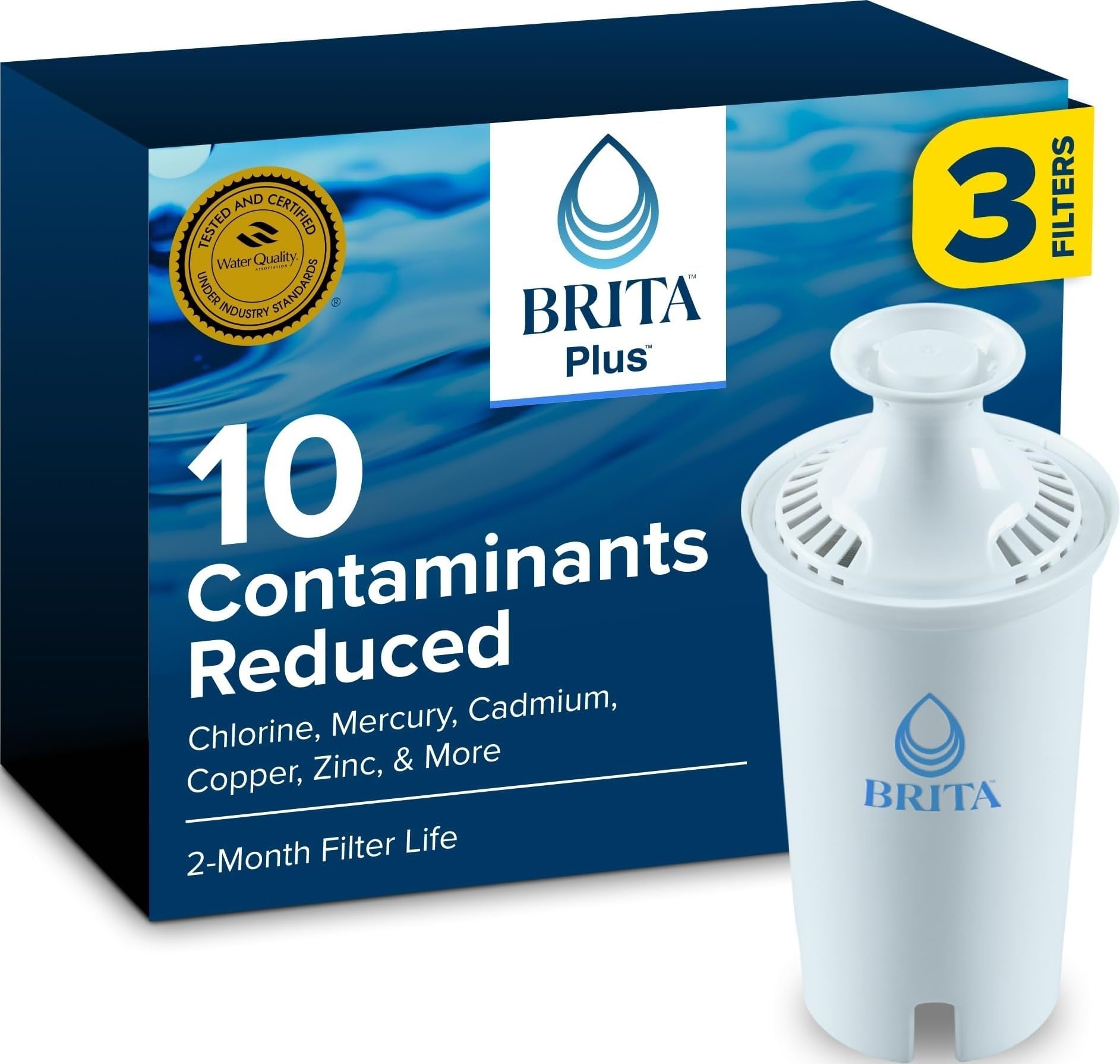 Brita Plus Replacement Water Filter, For Pitchers and Dispensers, 3 Pack | WQA and NSF/ANSI Certified, Reduces Chlorine, Copper, Mercury & Cadmium, Lasts 2 Months, Household Essential