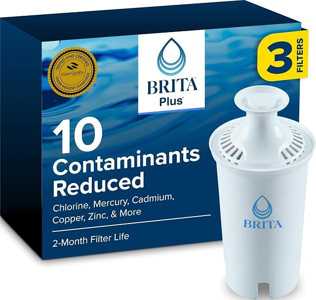 Brita Plus Replacement Water Filter, For Pitchers and Dispensers, 3 Pack | WQA and NSF/ANSI Certified, Reduces Chlorine, Copper, Mercury & Cadmium, Lasts 2 Months, Household Essential