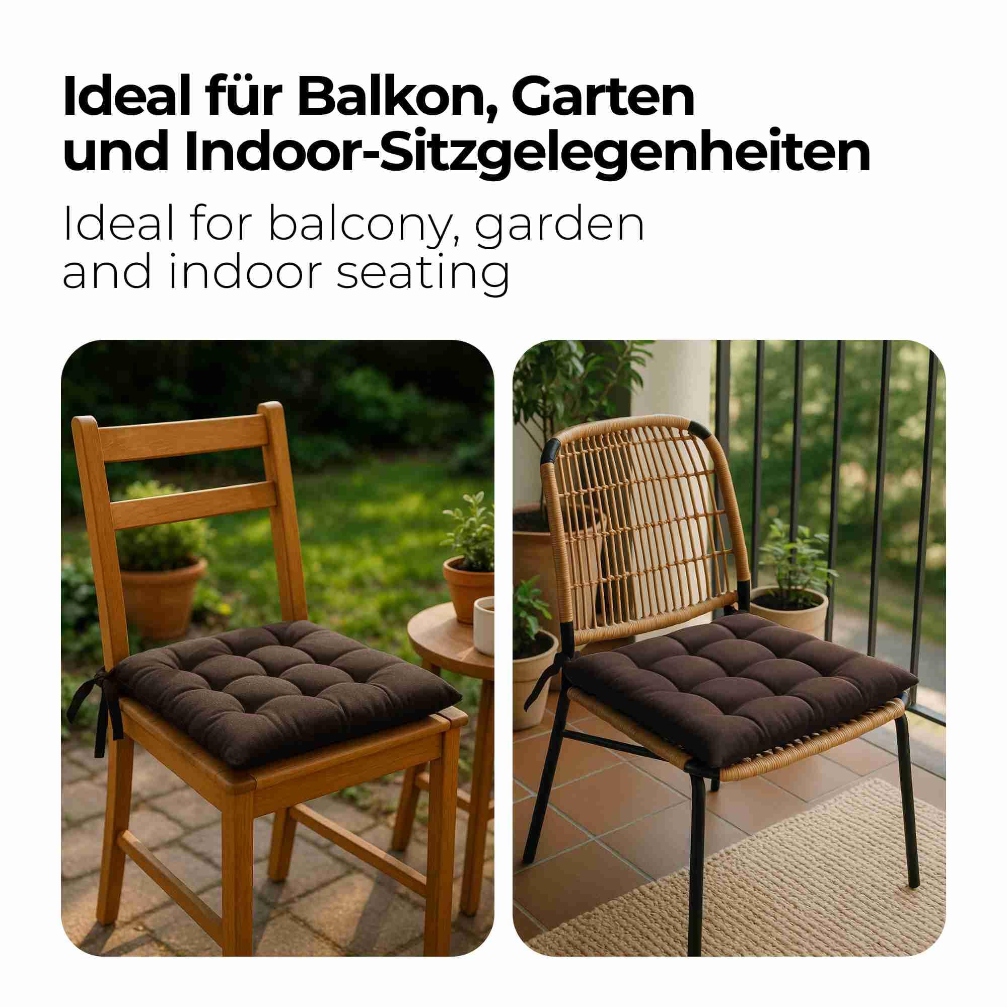 etérea 8er Set Sitzkissen Outdoor 40x40 mit Bändern - Stuhlkissen Braun für Gartenstuhl & Innenbereich - waschbare Sitzauflagen Gartenmöbel - 8 Stück Kissen 40x40 cm - Braun