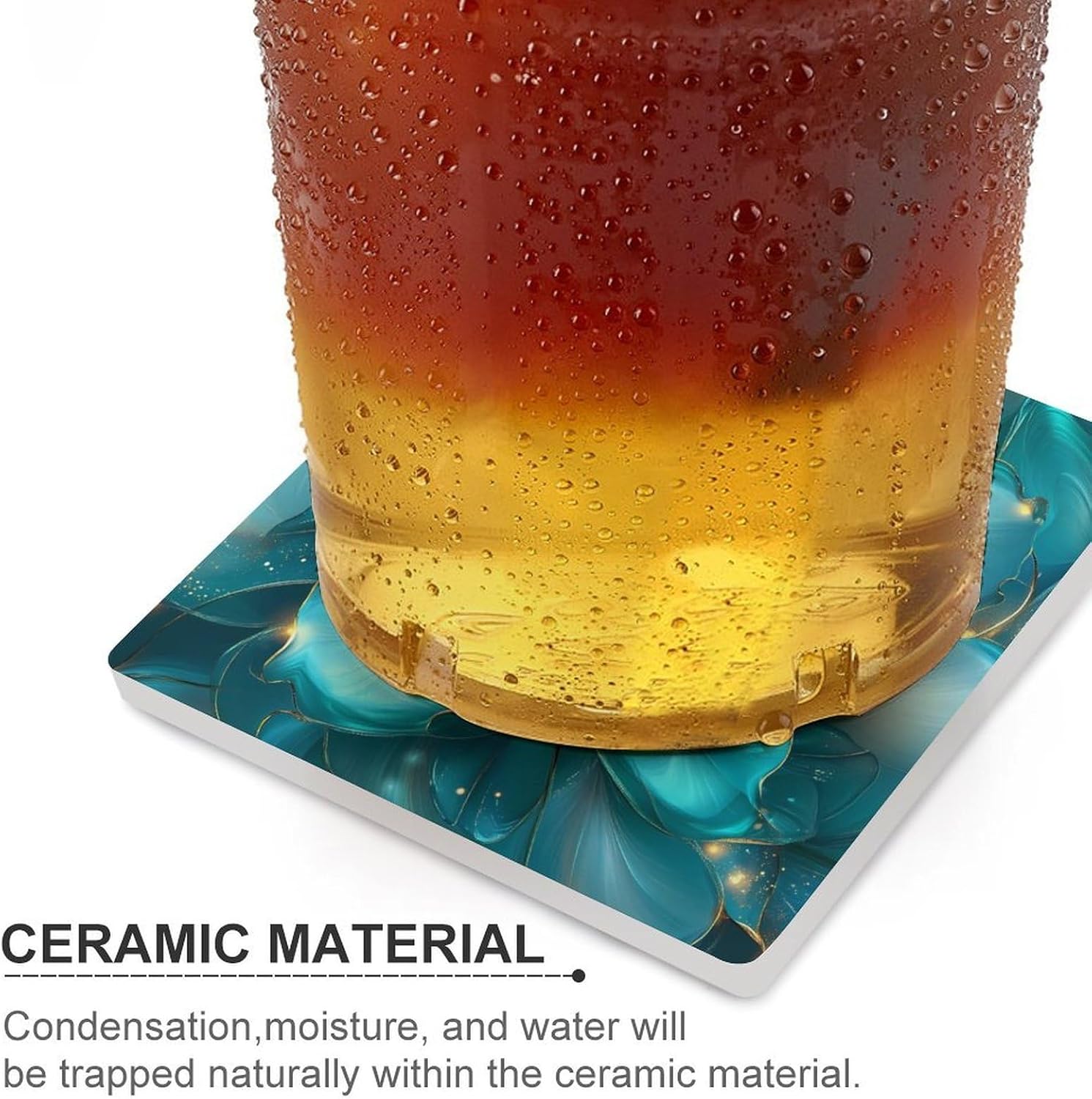 Turquoise Flowers Abstract Coasters for Drinks Square Table Coasters Set Cup Mats with Cork Base