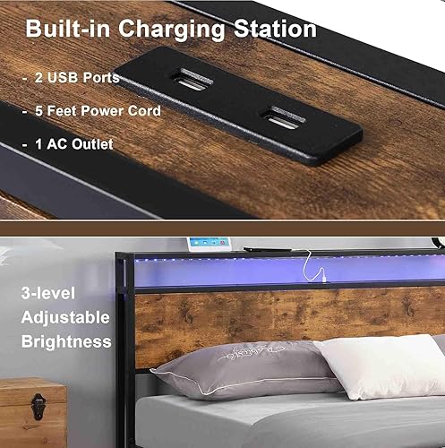 Miniatura 4 de Base de cama industrial con luces LED y 2 puertos USB, marco de cama de plataforma moderna con cabecera de almacenamientoespacio de almacenamiento