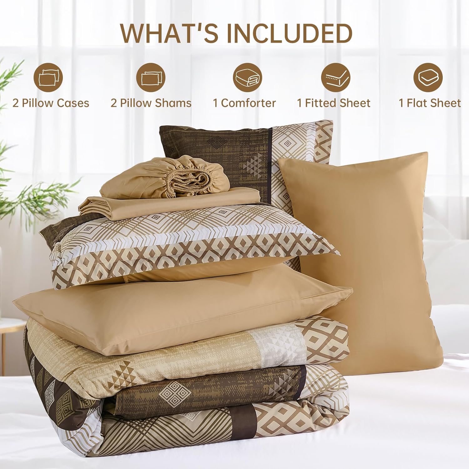 Xruibed Brown King Comforter Set 7 Pieces, Boho Striped Bed in a Bag King Size Soft Microfiber All Season Bedding Set with Comforter, Sheets, Pillowcases & Shams(104"×90")