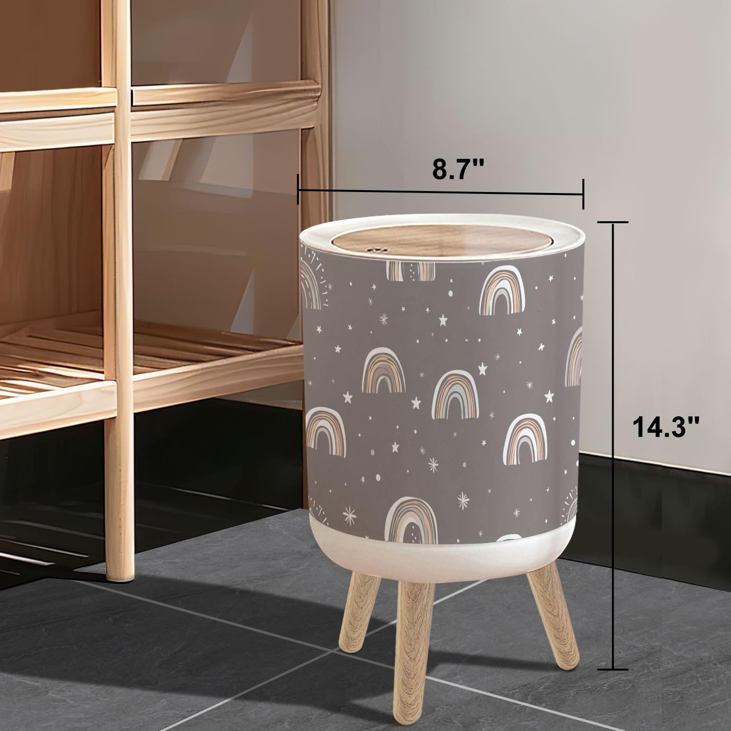 Small Trash Can with Lid Rainbows Baby scandinavian Baby boho cute rainbows Grey nursery 1.8 Gallon/7L Garbage Can Waste Bin with Press Top Lid Legs Waste Basket for Bathroom Kitchen Bedroom