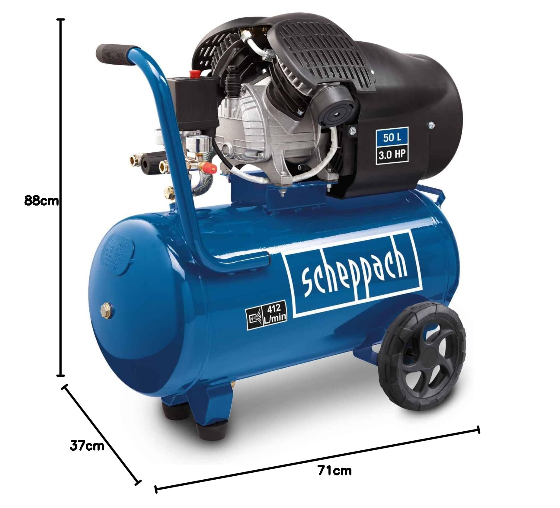 Scheppach Druckluft Kompressor HC53DC | 2200W Leistung | 50L Kessel | 10bar Druck | Ansaugleistung 412 L/min | Druckminderer, ölgeschmiert, Doppelzylinder