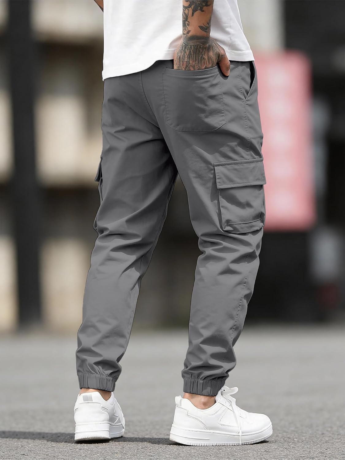 JEMLDL Mens Casual Cargo Joggers Pants—Pure Cotton Chino Pants Drawstring Hiking Outdoor Twill Sweatpants with Zipper Pocket - Image 4