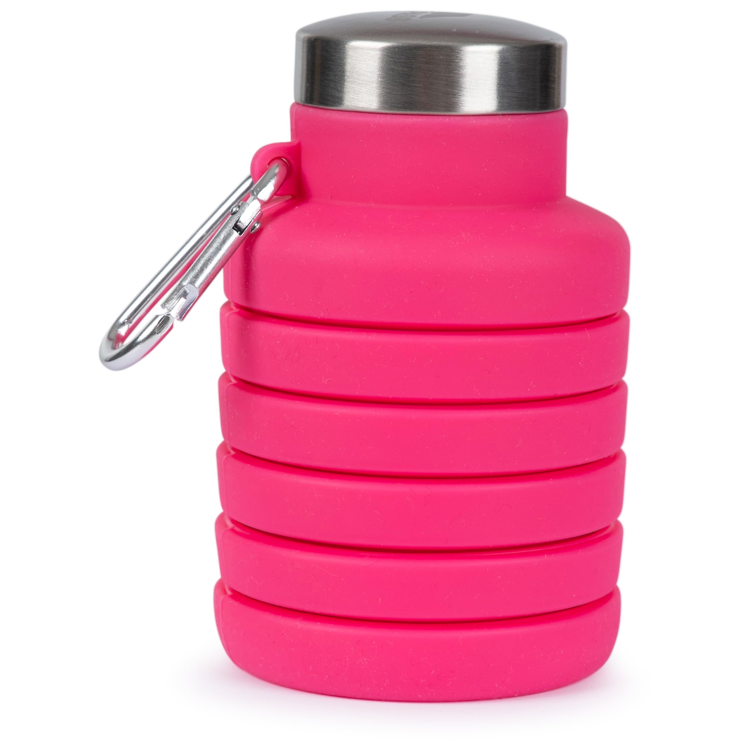 Trespass Silicone Foldable Bottle Vavo - Carabiner Clip, Brushed Steel Lid, BPA-Free, Food Safe, Suitable for Freezing, 200ml Folded, 500ml Expanded