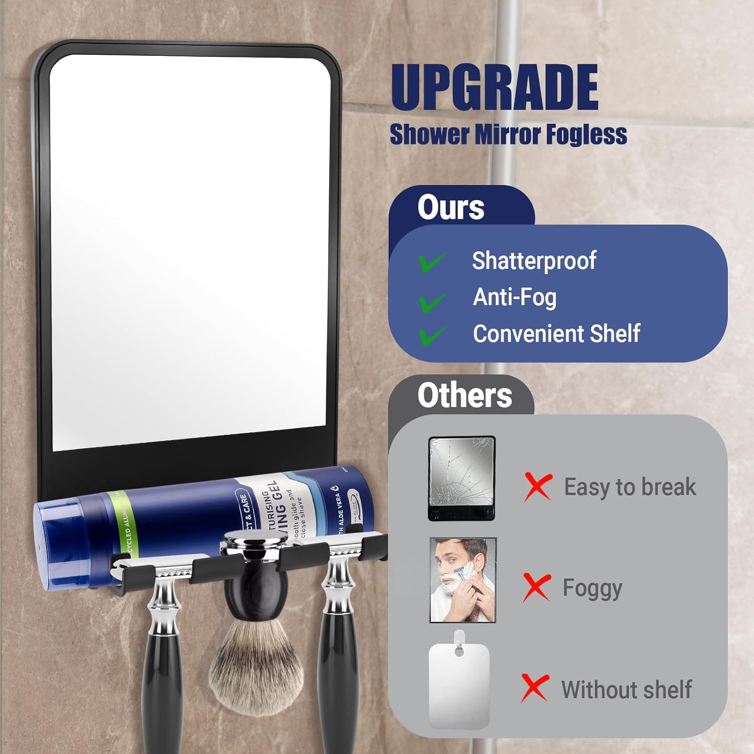 Shower Mirror Fogless for Shaving, Bathroom Mirror, Anti Fog Shaving Mirror with Razor Holder, NO-Drilling, Shatterproof Shaving Mirror for Shower, Fogless Mirror for Shower, Shower Mirror for Men