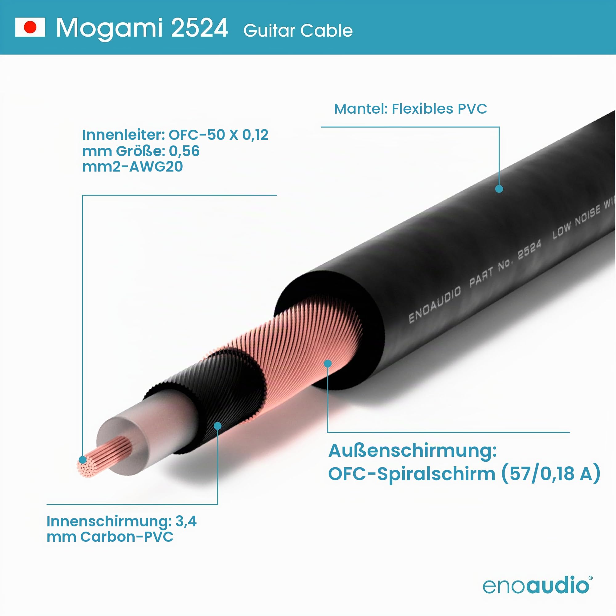 enoaudio Mogami 2524 Instrument Kabel | Neutrik Gold Silent Switch 6,3mm TS klinke - 6,3mm TS klinke | HiFi, 3,0 m