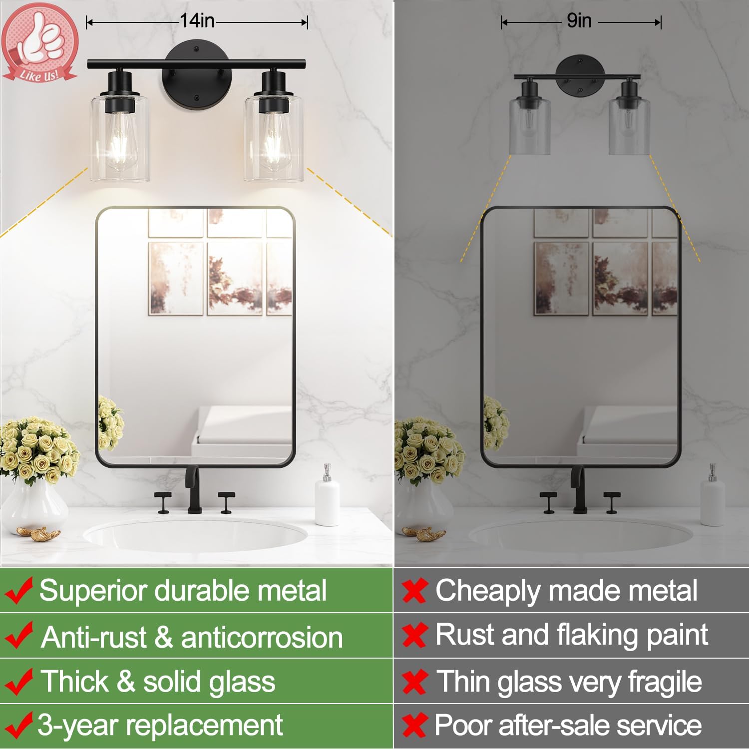 2-Light Bathroom Light Fixtures, Black Modern Vanity Lights with Clear Glass Shade, Bathroom Wall Lamp for Mirror Kitchen Living Room Hallway Cabinet Porch Matte Black 2-Light