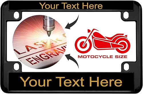 Vista 38 de Marco de matrícula personalizado de metal negro (Zinc) grabado con láser, tamaño estándar con diseño de texto personalizado, texto acero/negro
