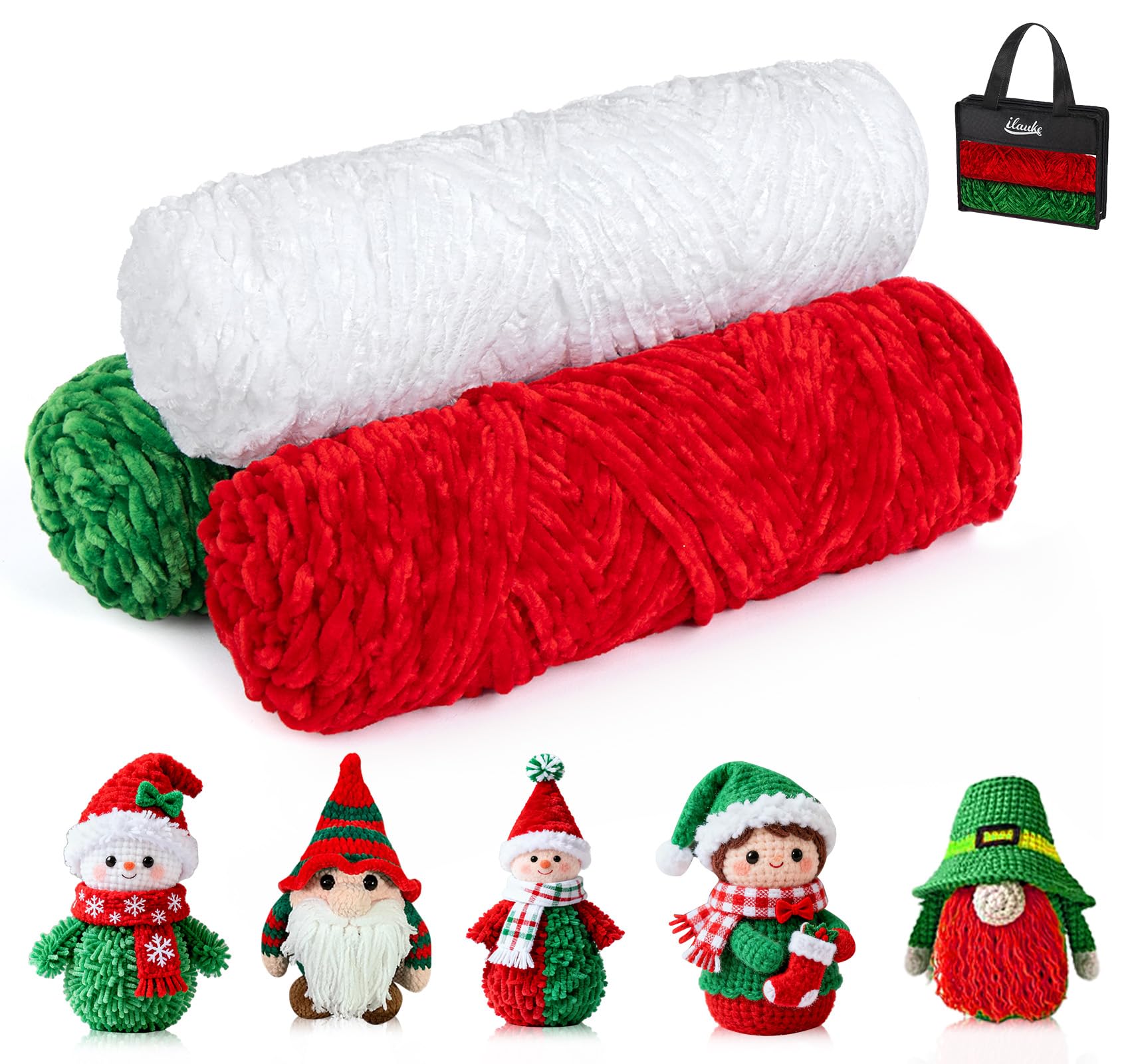 ilauke Christmas Chenille Chunky Yarn 3x100 g with Tote Bag