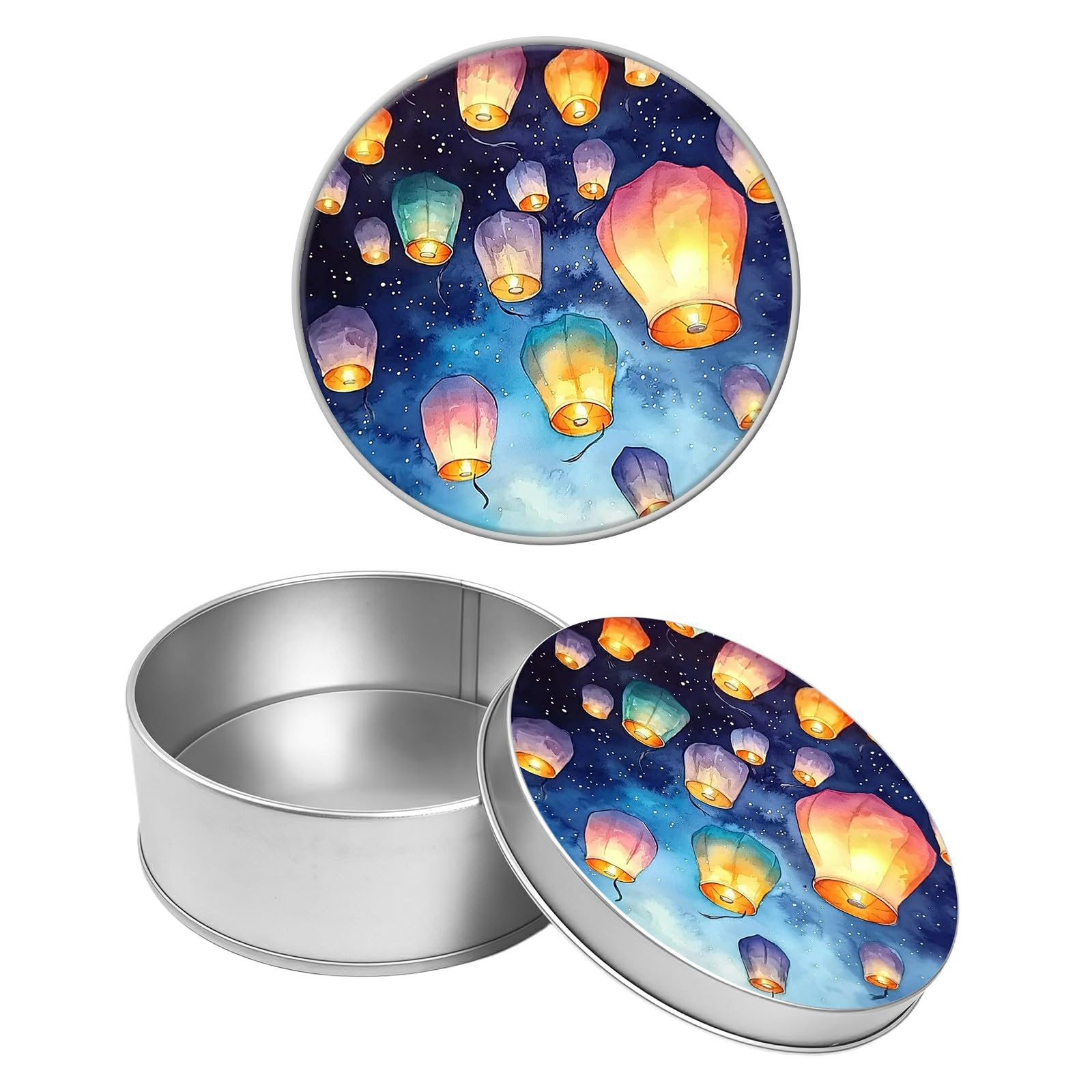 Round Metal Tin Container with Removable Lid, Colored Sky Lanterns Durable Metal Storage Box for Crafts Snacks Candies Office Supplies Small Items 3.54 x 1.38 inch– Single Pack