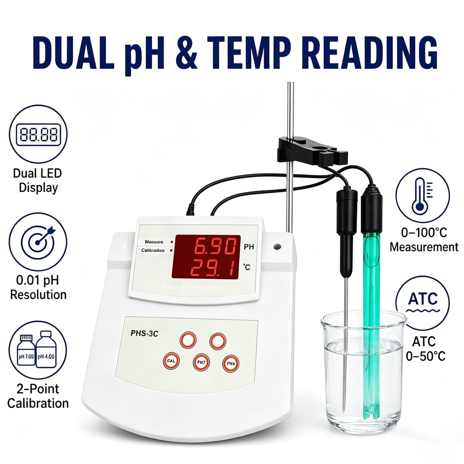 Medidor De Ph De Sobremesa para Laboratorio, Medidor De Acidez De Sobremesa con Autocalibración, Precisión De ±0,01 Ph Y 2 Electrodos De Ph/Temperatura, 0℃-50℃ ATC, con Soporte, para Medio
