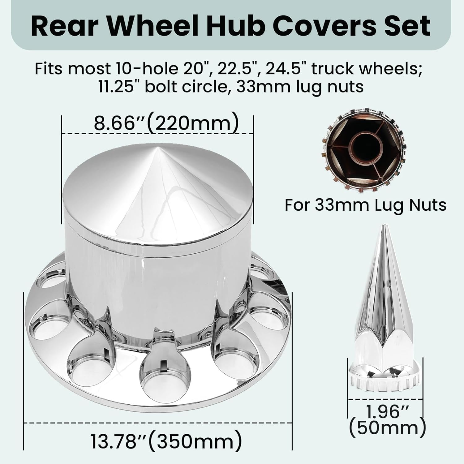 33 mm Spike Axle Cover, Chrome Rear Axle Complete Wheel Cover Set ABS Removable Hub Caps Screw-on Lug Nut Covers for Semi Truck Trailers (4 Rear)