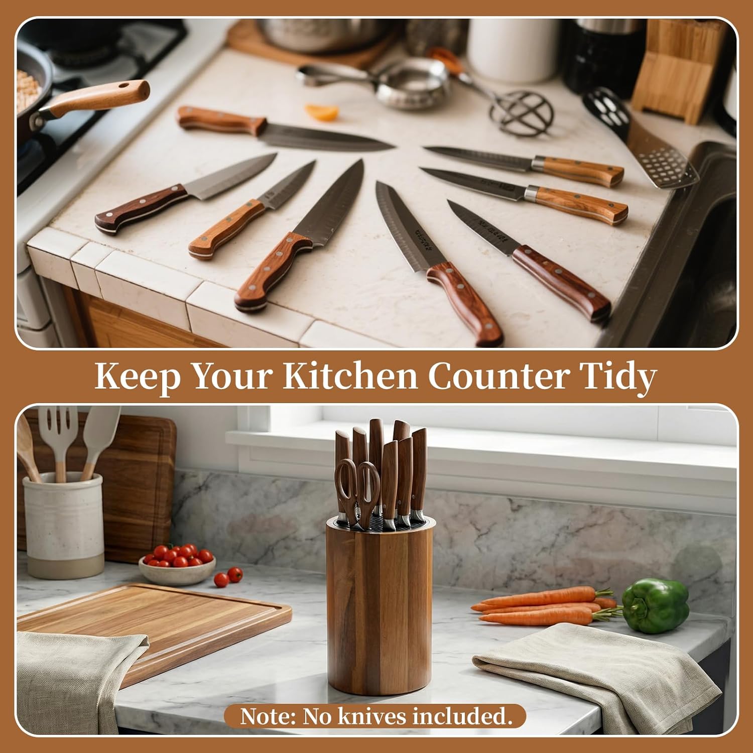 Ninonly Universal Knife Block Holder, Round Wooden Countertop Knife Block Without Knives, Acacia Wood Knife Storage for Kitchen Steak Knives, Scissors & Sharpening Rod