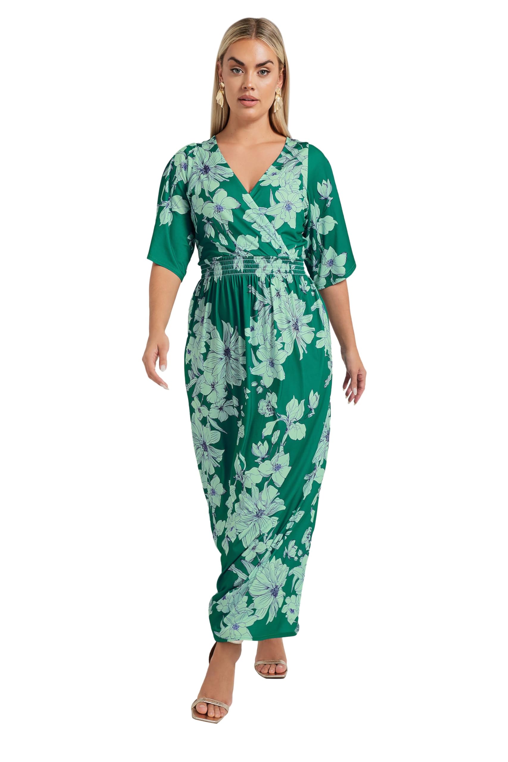 Yours Women's Green Floral Print Maxi Dress In | Size: 16