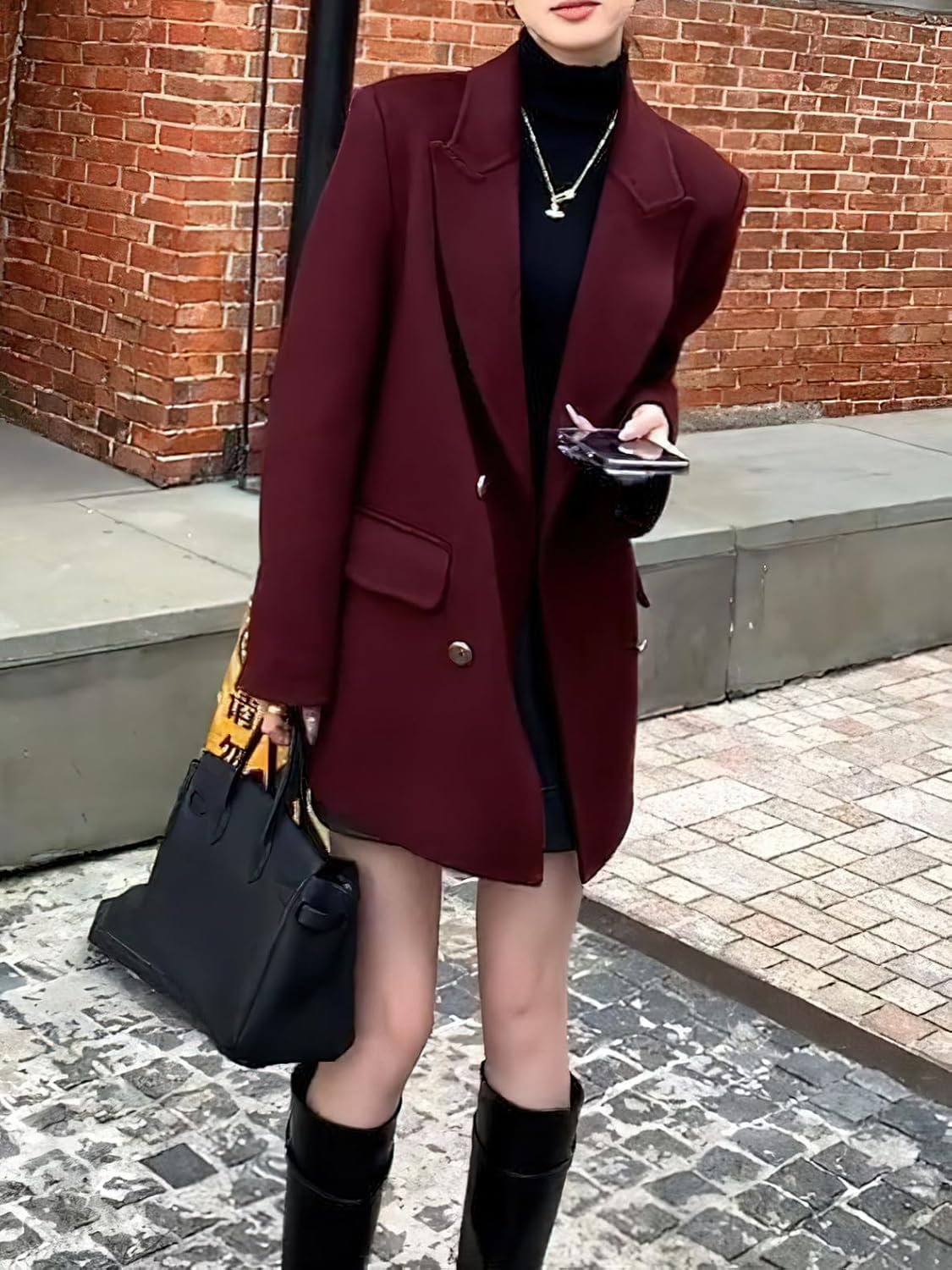 chouyatou Women's Winter Wool Trench Coat Blazer Jacket Notched Collar Dressy Mid Long Peacoat Outerwear