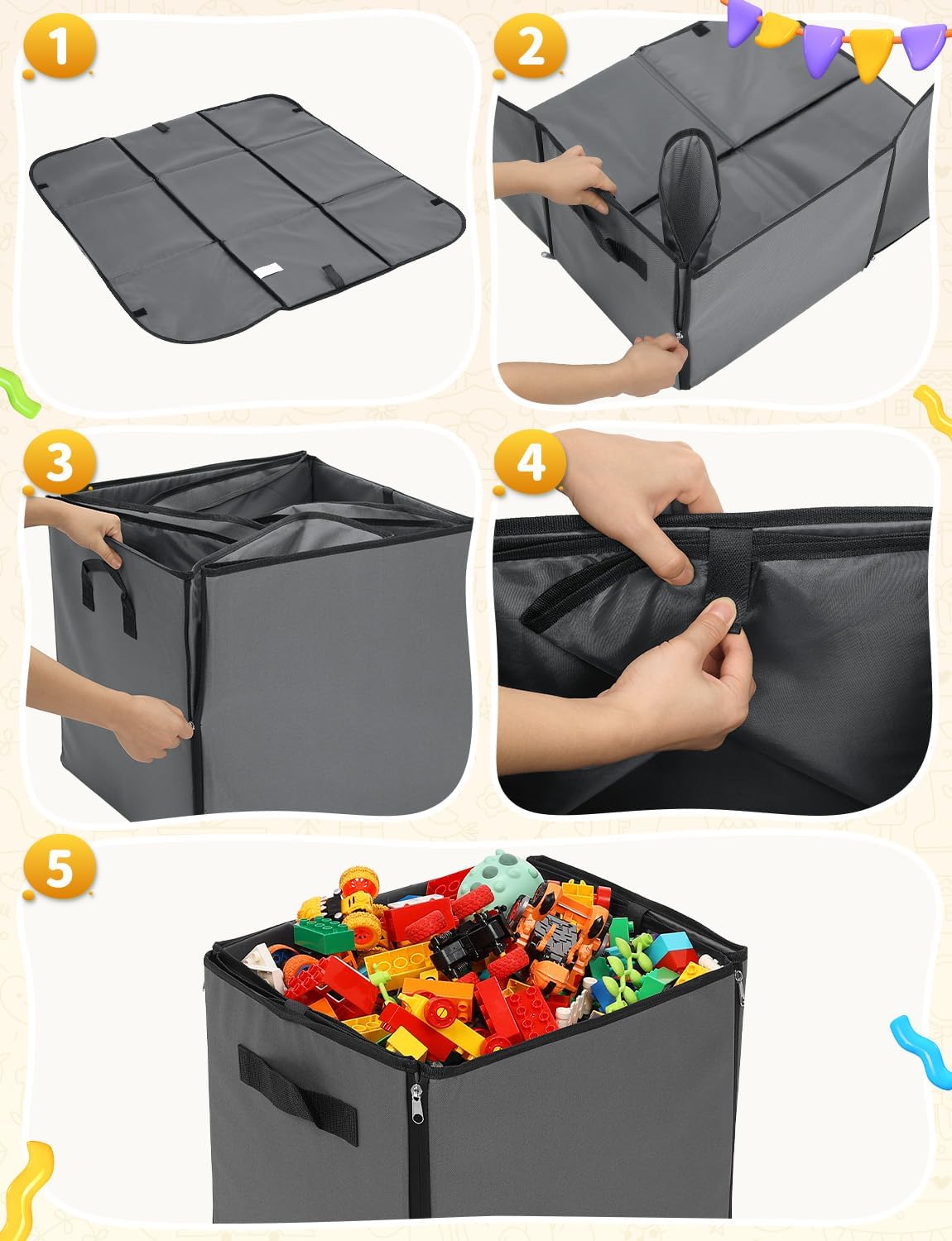YOHOOLYO 2 In 1 Toy Storage Play Mat, Storage Box for Kids Children Space Adventures Design,Nursery, Playroom, Basket for Building Bricks Blocks Collapsible Cube Bin, 15"×13"×13"