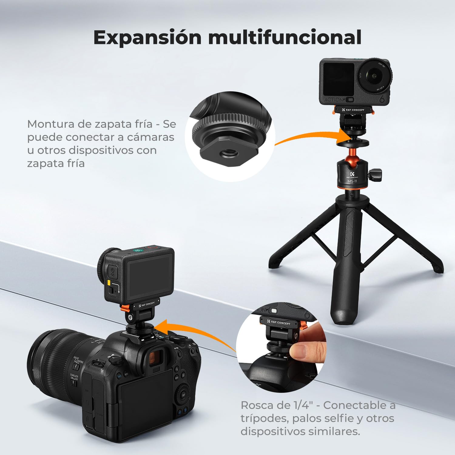 K&F CONCEPT Soporte de Zapata Fría Compatible con dji Osmo Pocket 3/Nano/Osmo Action 6, Adaptador Magnético Rápido para Cámara de Acción, Conector Zapata Caliente 1/4"